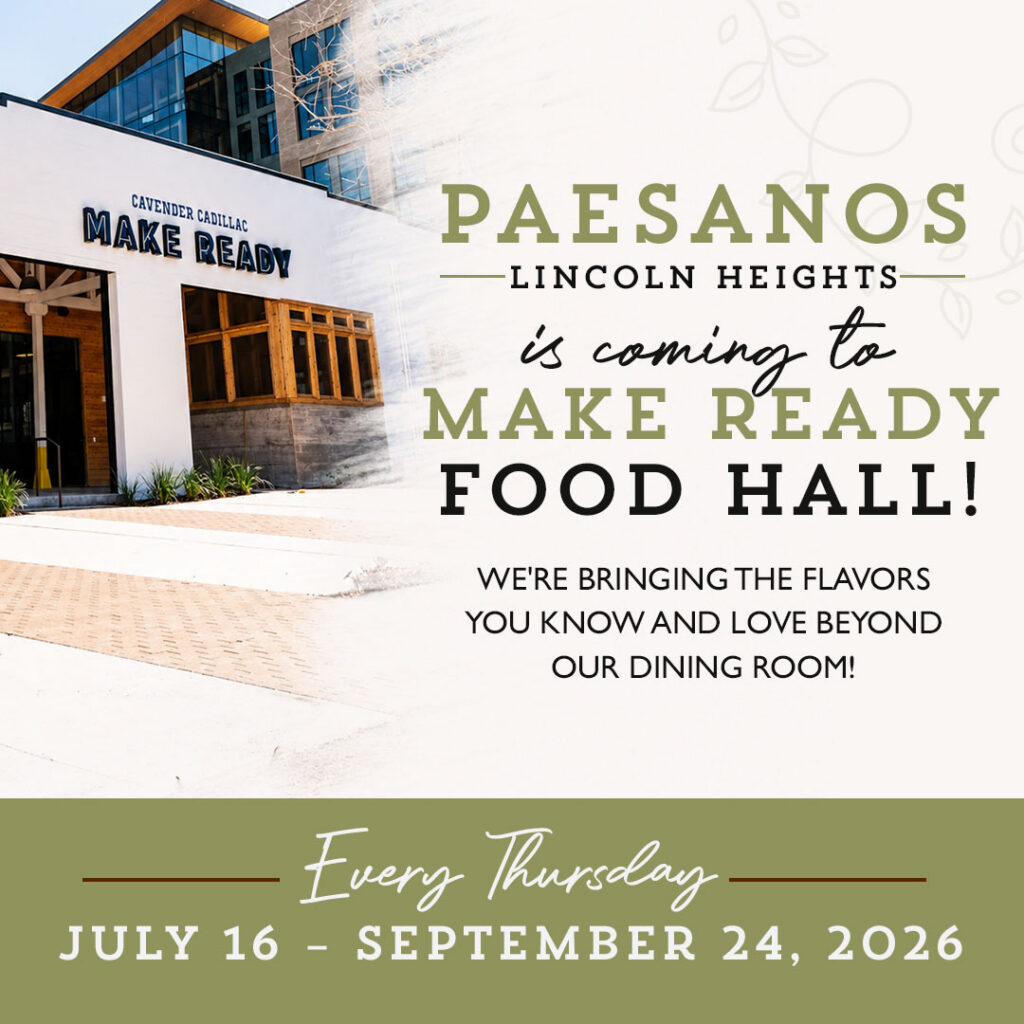 Promotional poster for Paesanos Lincoln Heights coming to Make Ready Food Hall; July 16–Sept 24, 2026.